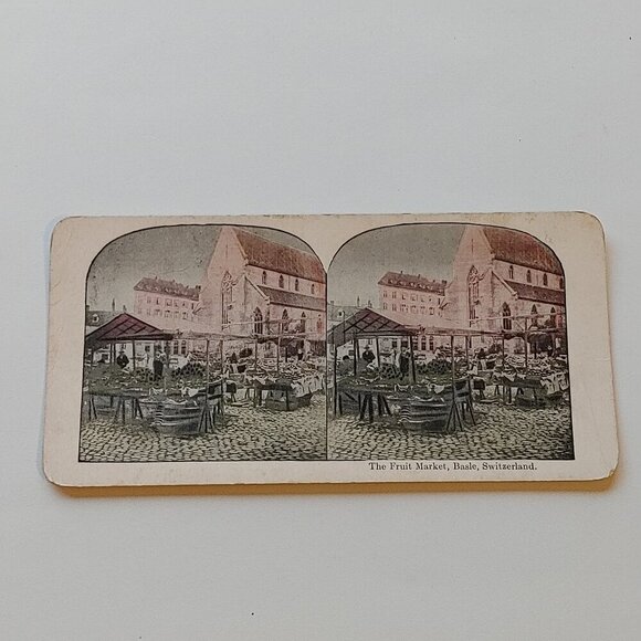 ANTIQUE STEREOGRAPH CARD Fruit Market BASLE Switzerland Colour Card - Picture 1 of 3